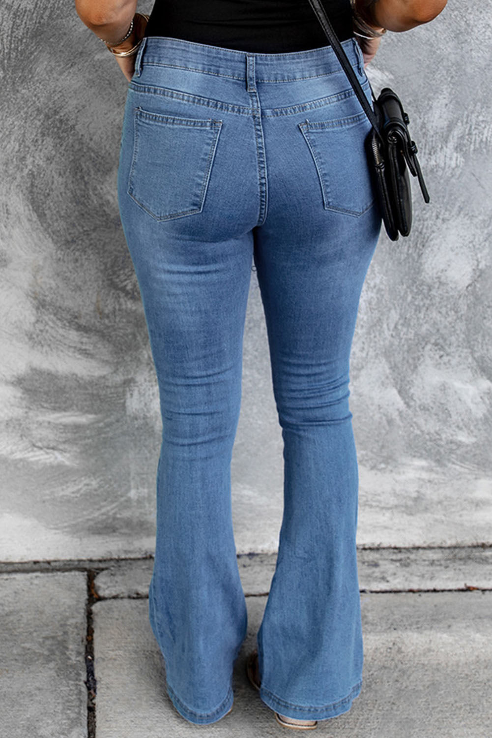 Dark Blue Mid Rise Button Front Flare Denim