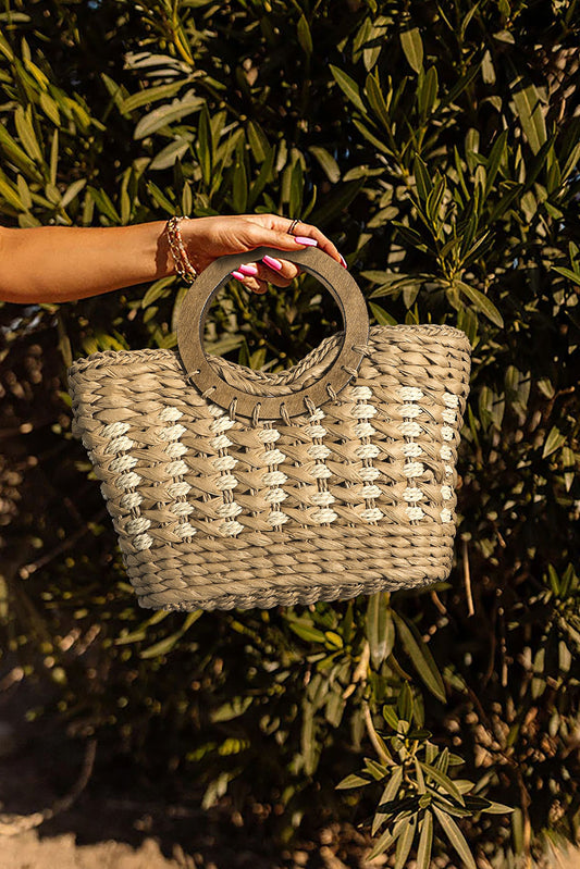 Khaki Round Handle Pastoral Straw Bag