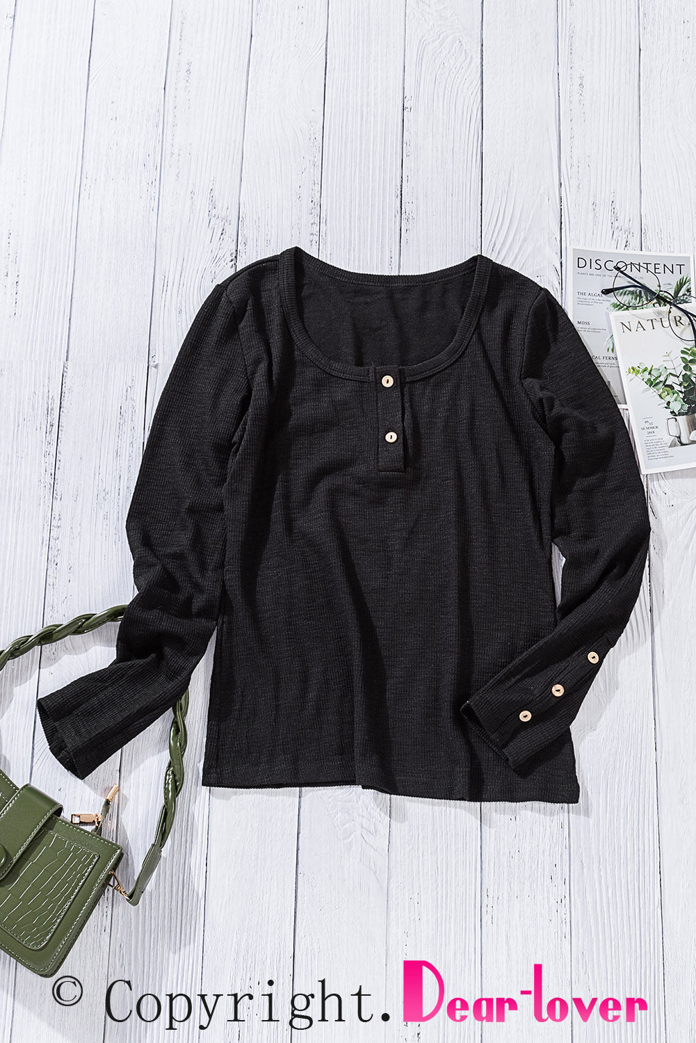 Crewneck Buttons Ribbed Knit Long Sleeve Top