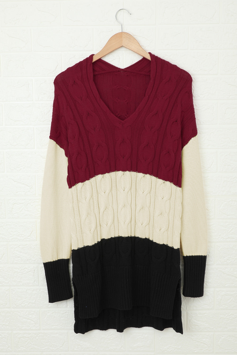 Colorblock Cable Knit Sweater with Slits