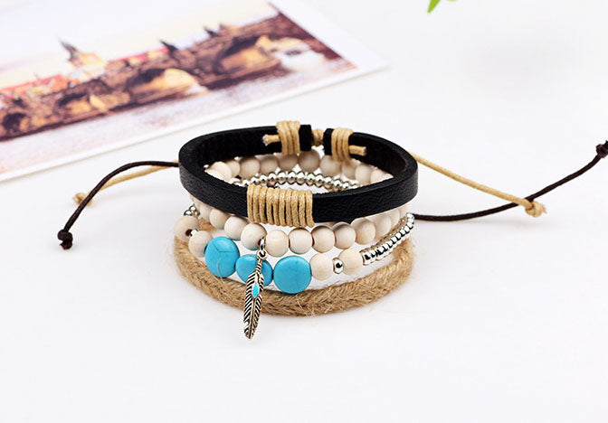 Multiple Combination Braided Alloy Feather Beaded Bracelet