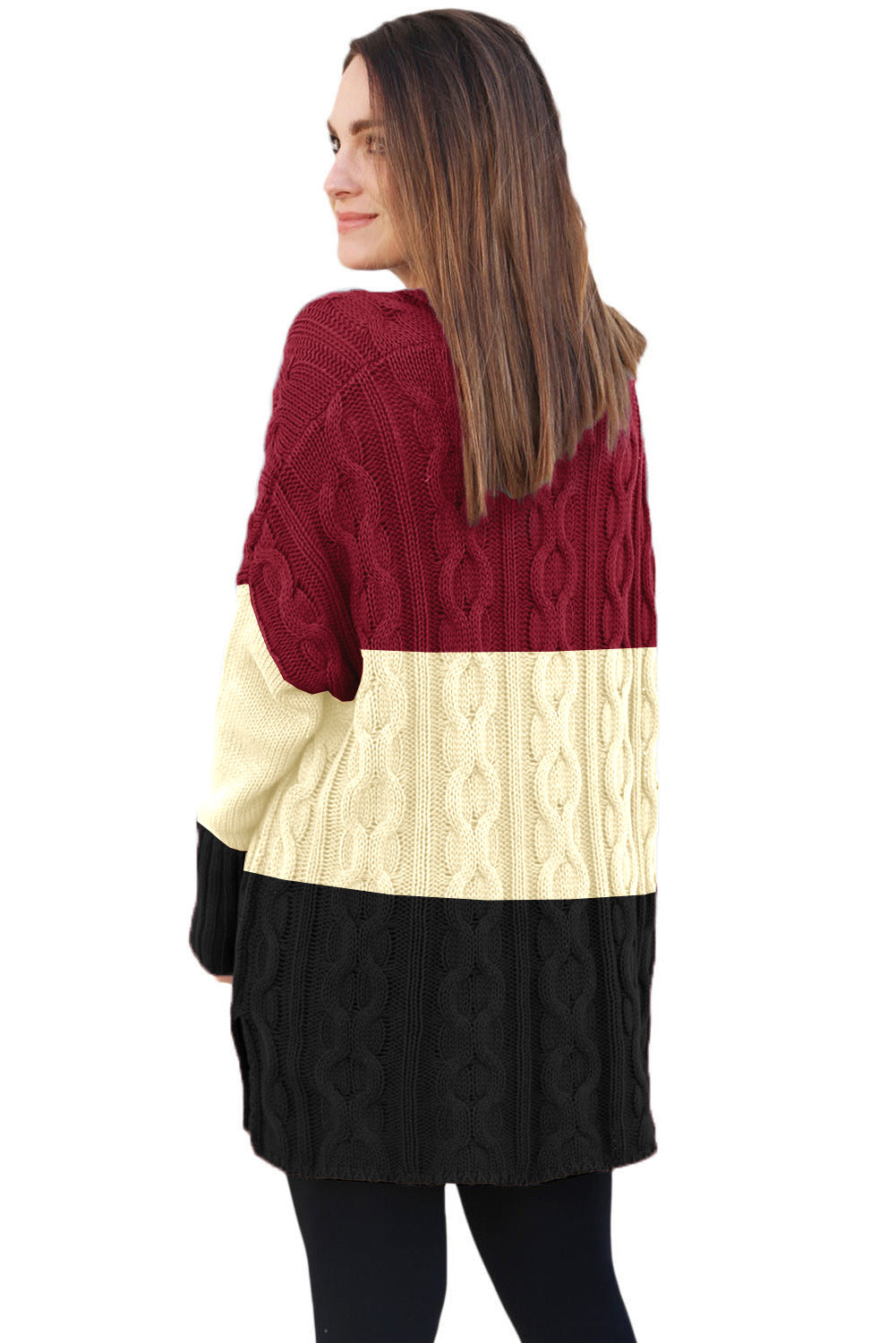 Colorblock Cable Knit Sweater with Slits