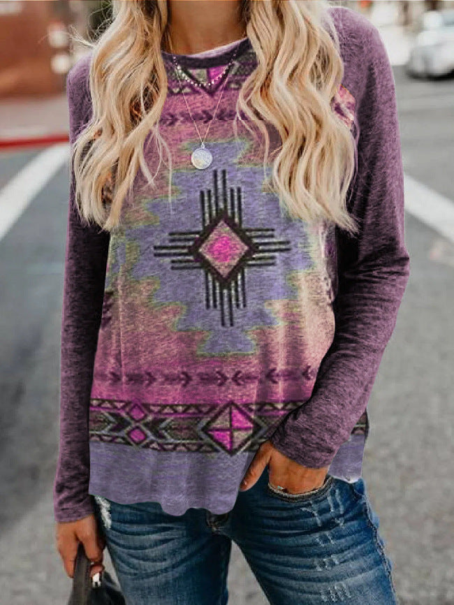 Casual Round Neck Retro Ethnic Print Long Sleeves