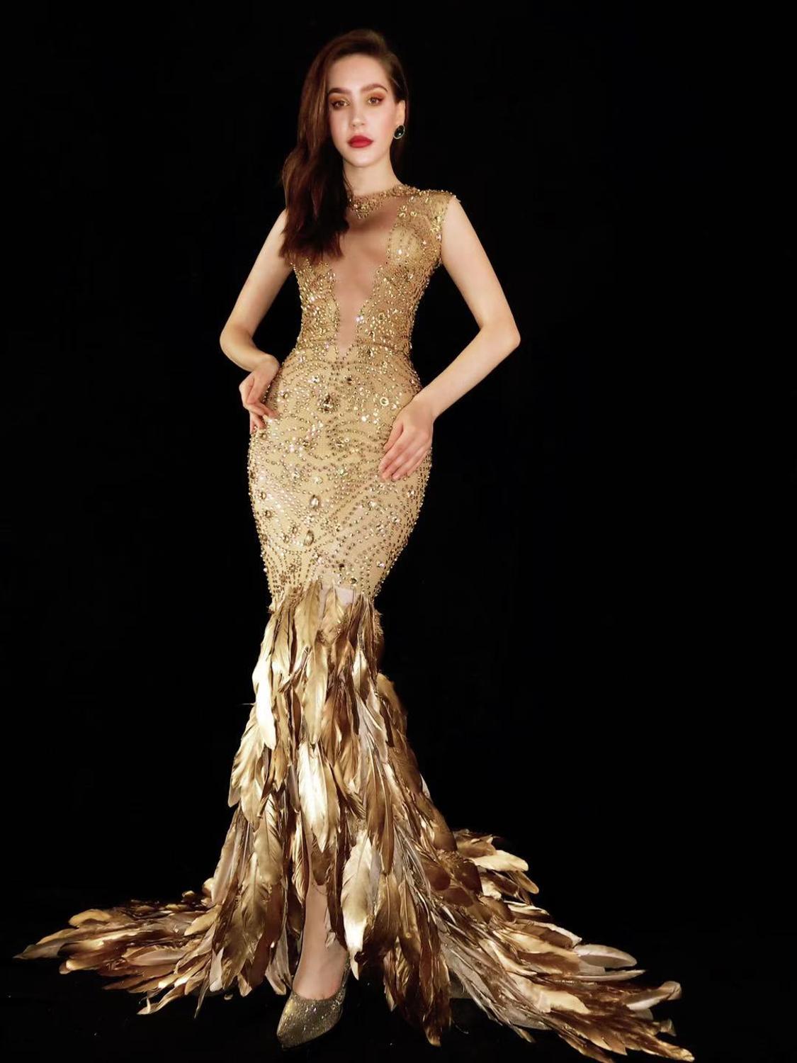 Gold Feather Rhinestone Bag Hip Elastic Evening Dress
