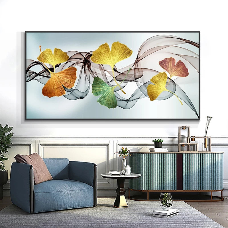 Large Ginkgo Leaf And Feathers Square Rhinestone Mosaic Embroidery Round Decoration Nordic Poster