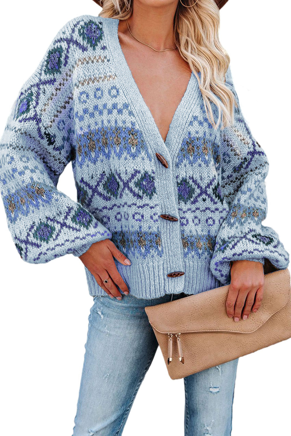 Multicolor Tribal Pattern V Neck Button Front Cardigan