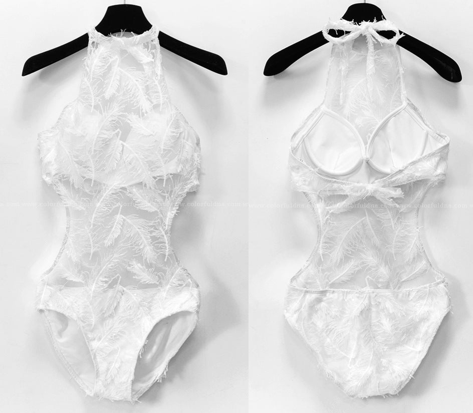 Ladies Feather Lace Halter Triangle One Piece Swimsuit Slim