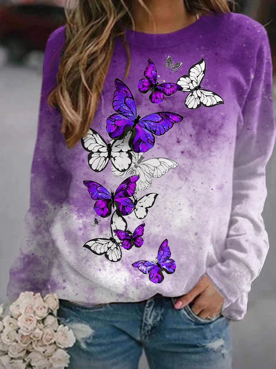 Floral Butterfly Round Neck Long Sleeve Sweatshirt Women T-shirt