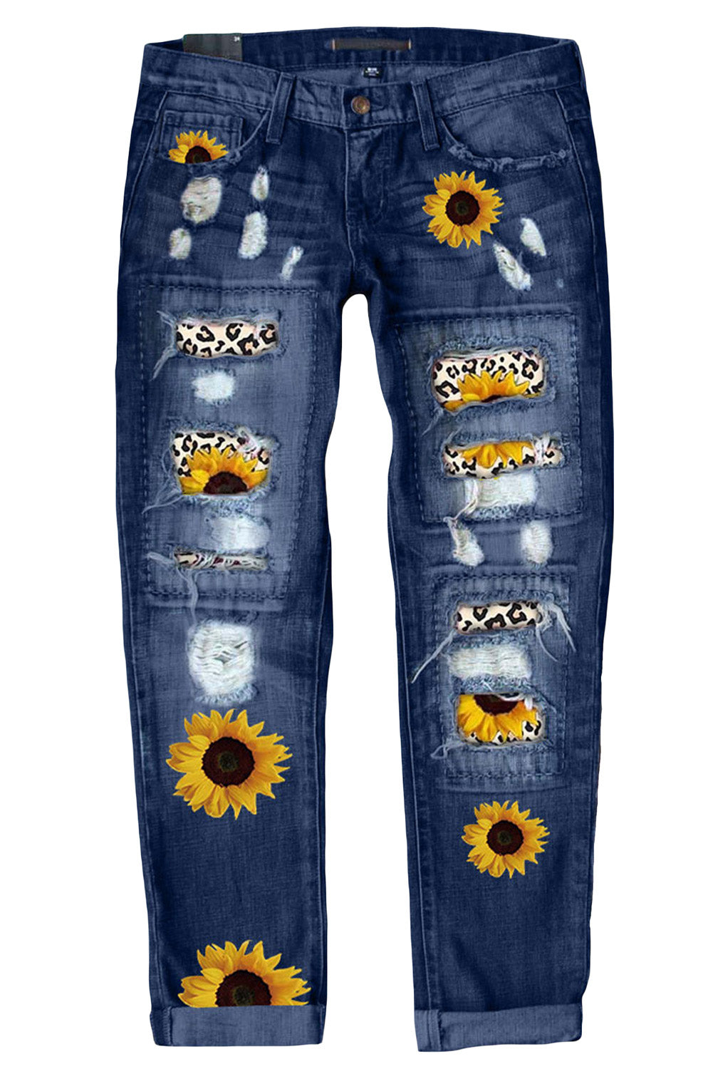 Sunflower Leopard Pattern Patchwork Distressed Jeans
