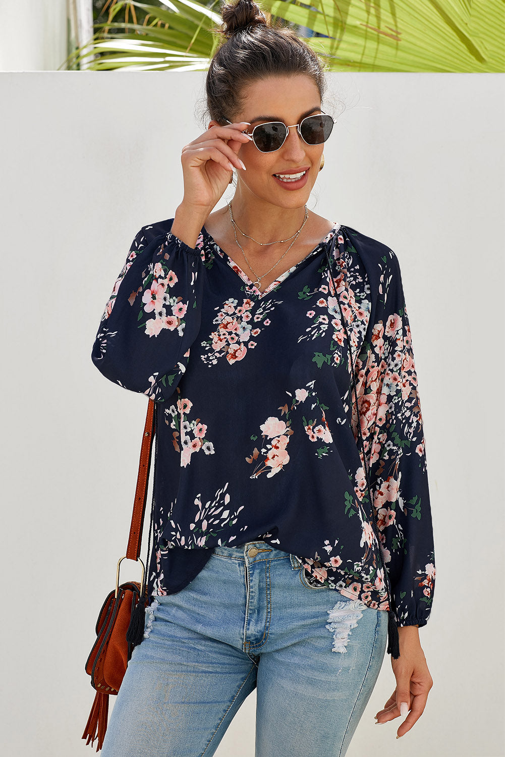 Multicolor Floral Print Peasant Blouse