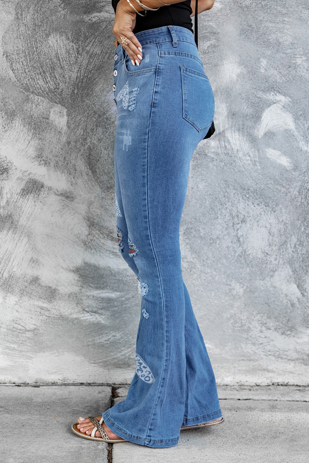 Dark Blue Mid Rise Button Front Flare Denim