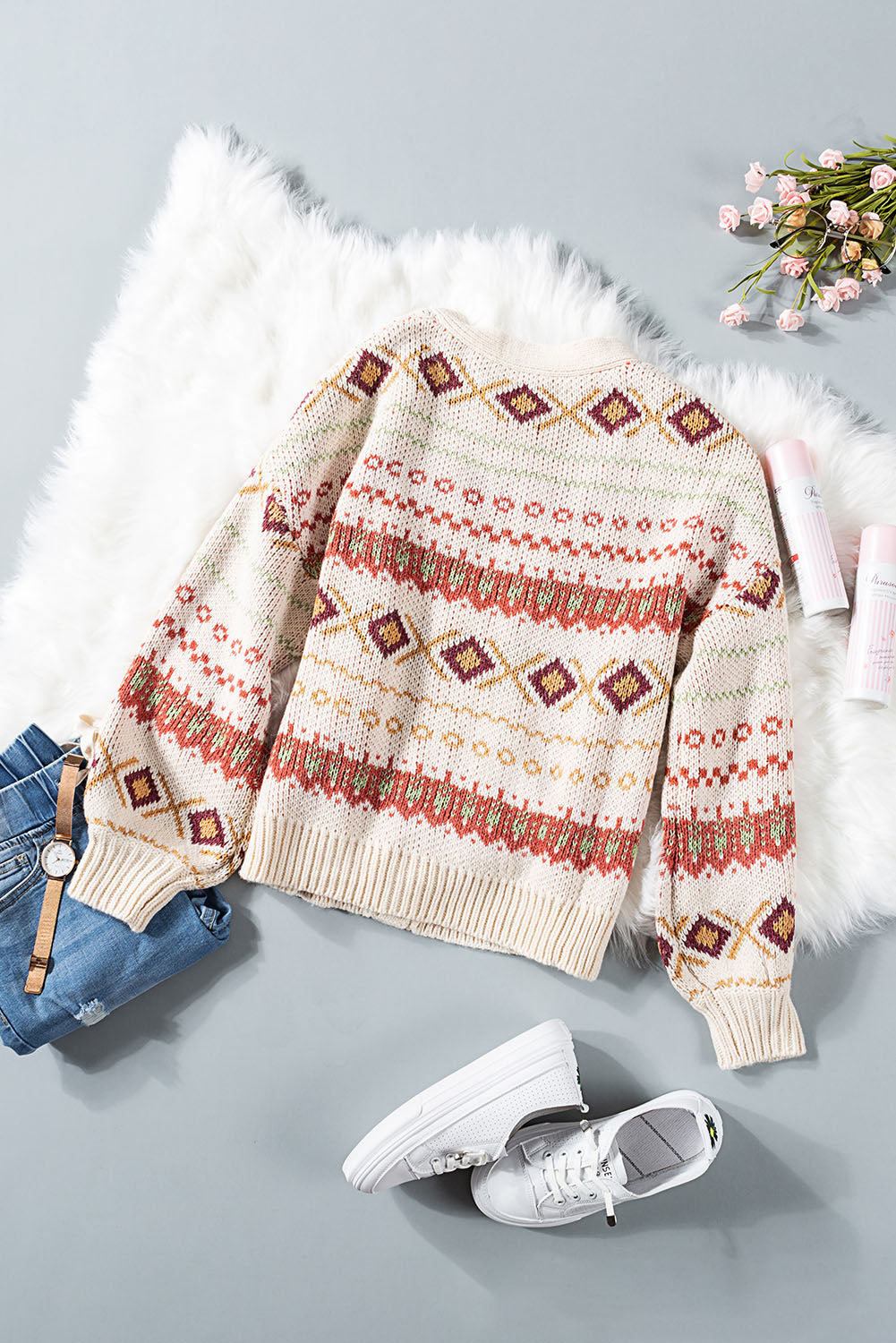 Multicolor Tribal Pattern V Neck Button Front Cardigan