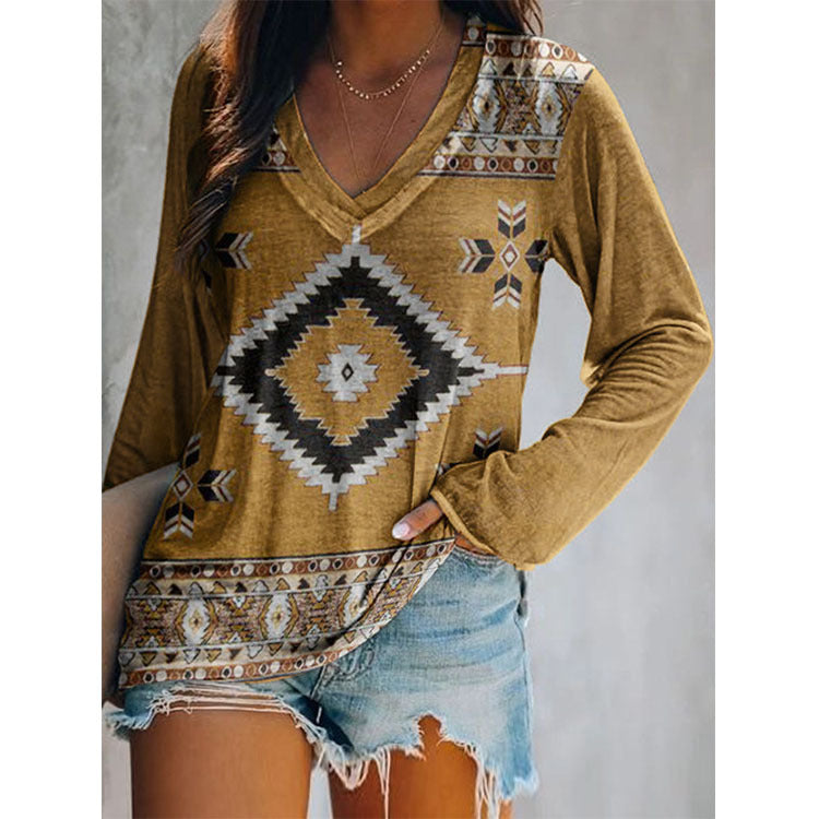 Top Ethnic Orientation Print Long Sleeve T-Shirt Women