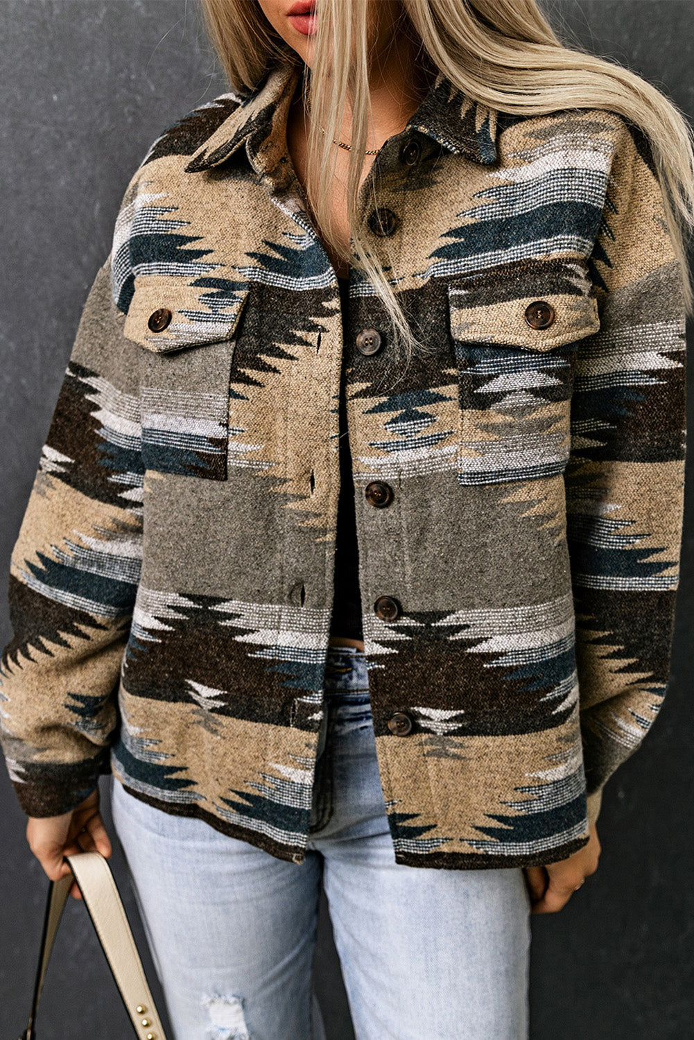 Distressed Aztec Print Lapel Long Sleeve Button Shirt Jacket