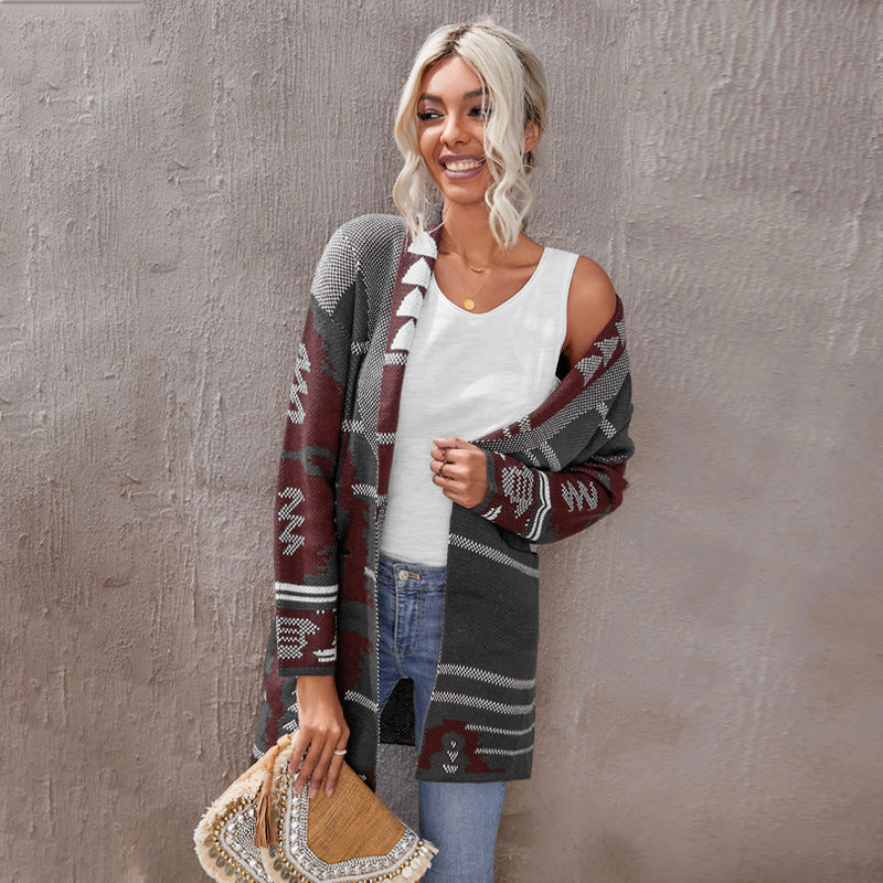 Long Printed Button Cashmere Knitted Cardigan Top Women