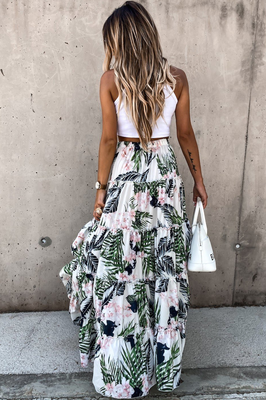 Tropical Floral Print Tiered Ruffle High Low Skirt