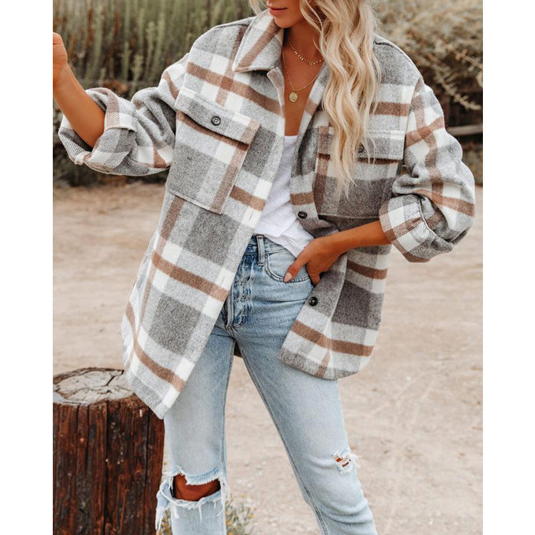 Women's Long Sleeve Lapel Loose Plaid Thickened Wool Jacket