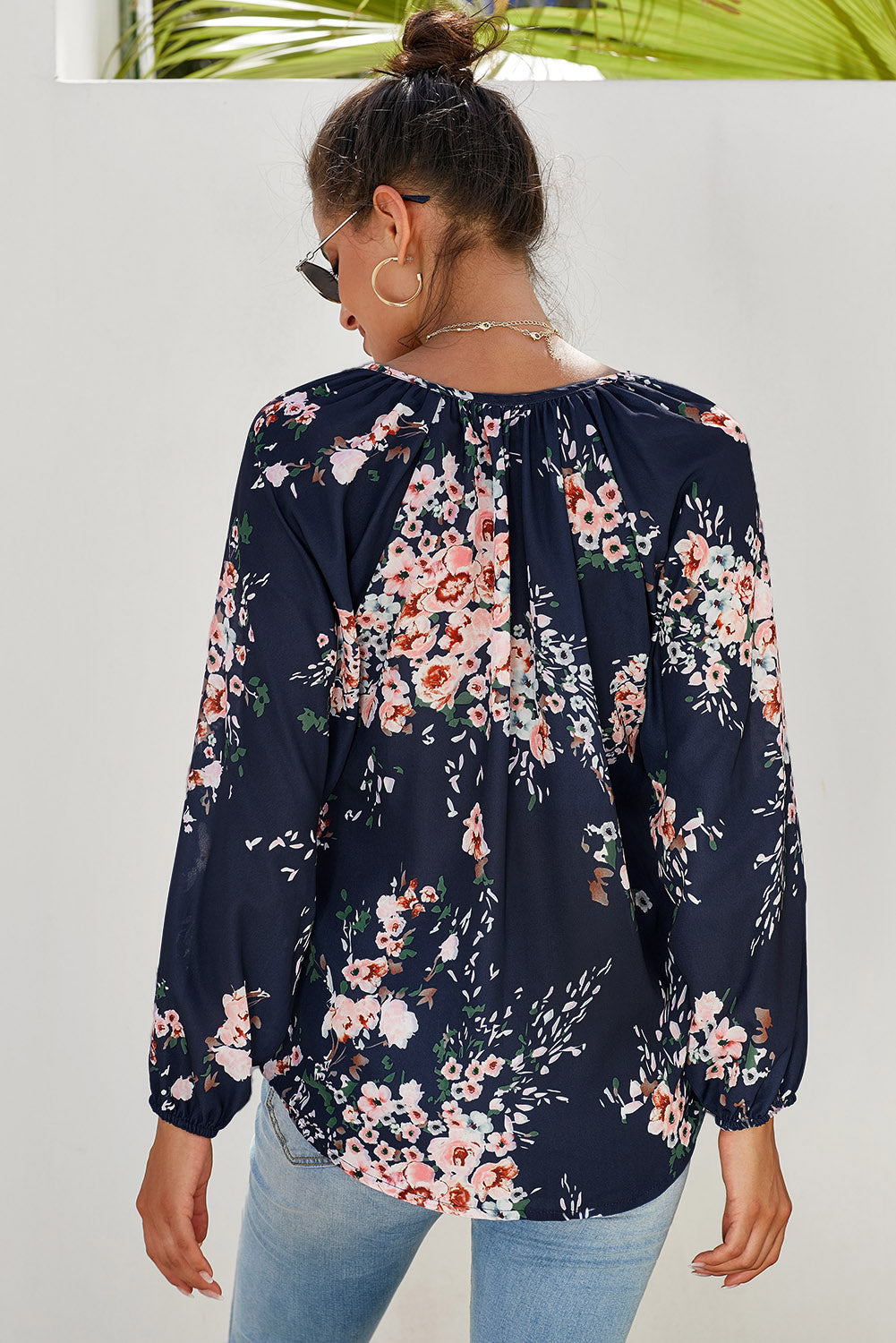 Multicolor Floral Print Peasant Blouse