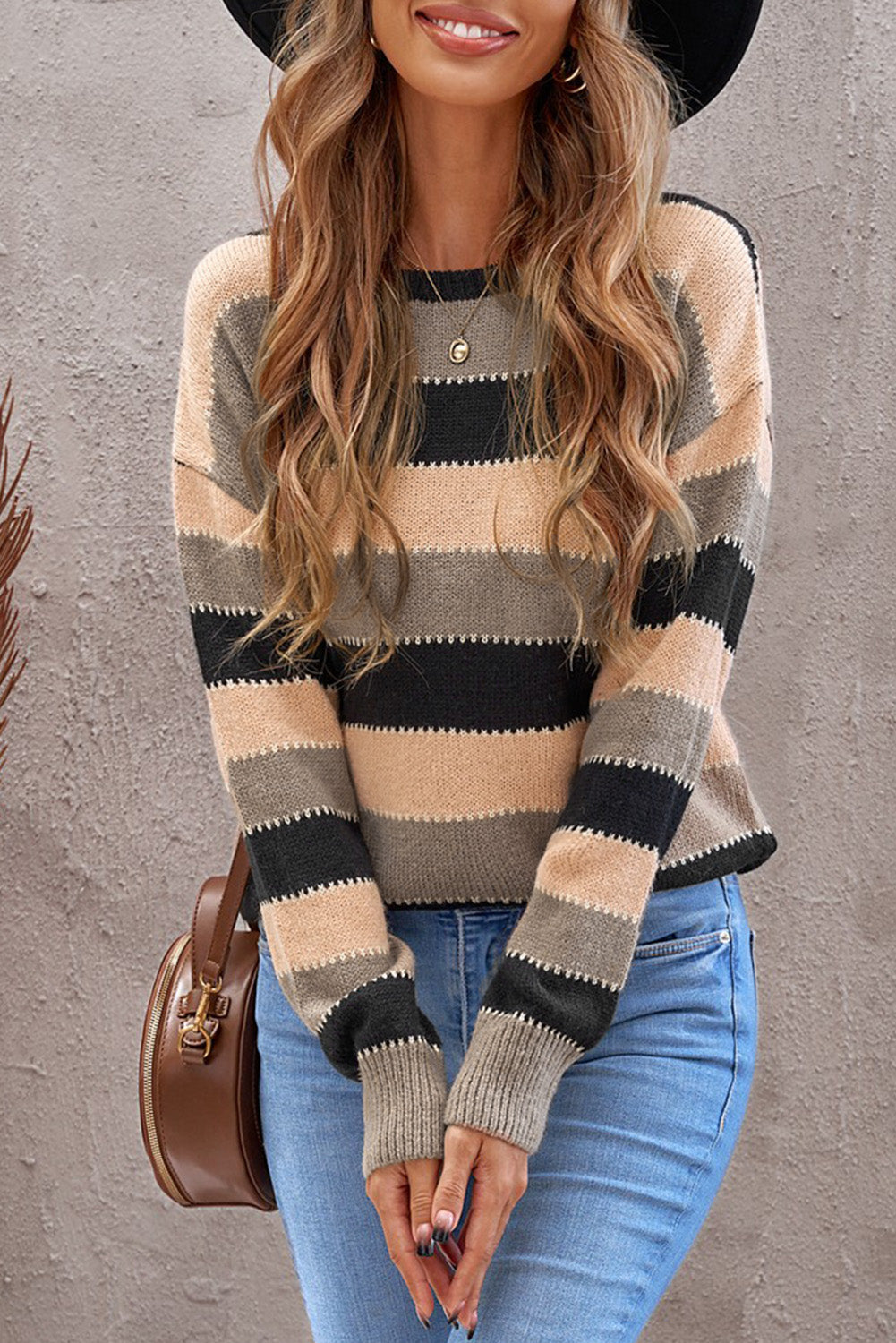 Drop-Shoulder Sleeve Striped Patchwork Pullover Sweater