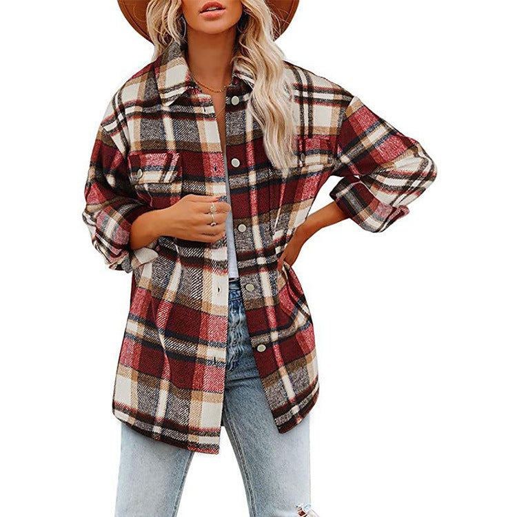 Women's Long Sleeve Lapel Loose Plaid Thickened Wool Jacket