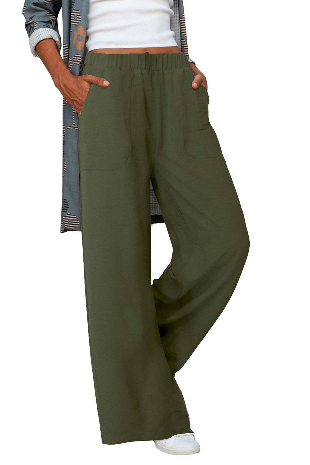 Elastic Waist Pocketed Wide Leg Pants