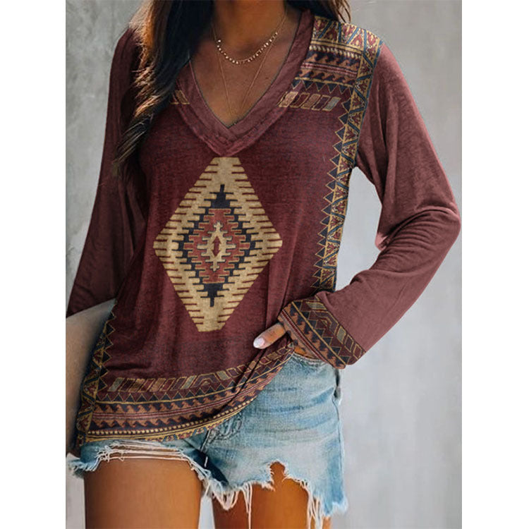 Top Ethnic Orientation Print Long Sleeve T-Shirt Women
