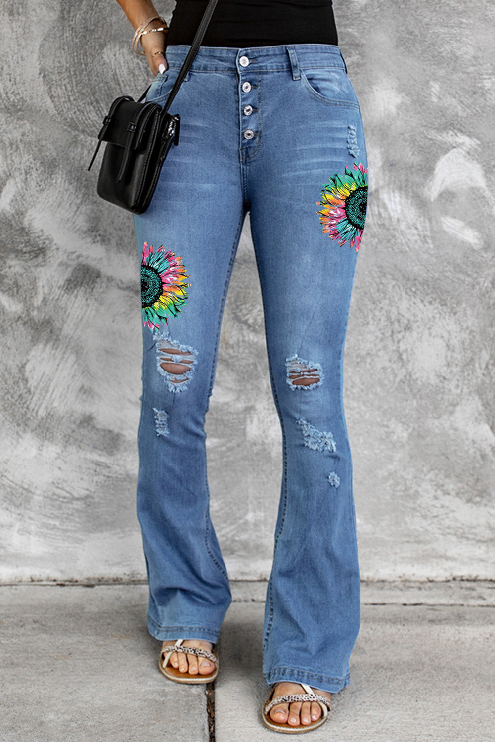 Dark Blue Mid Rise Button Front Flare Denim