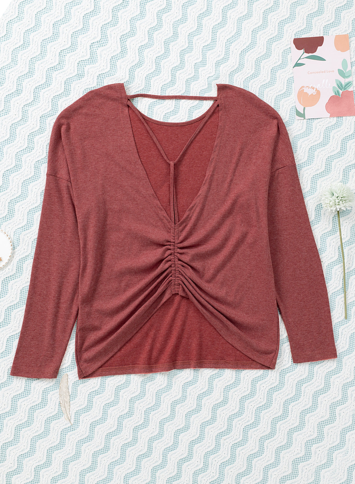 Hollow-out Ruched Back Long Sleeve Top