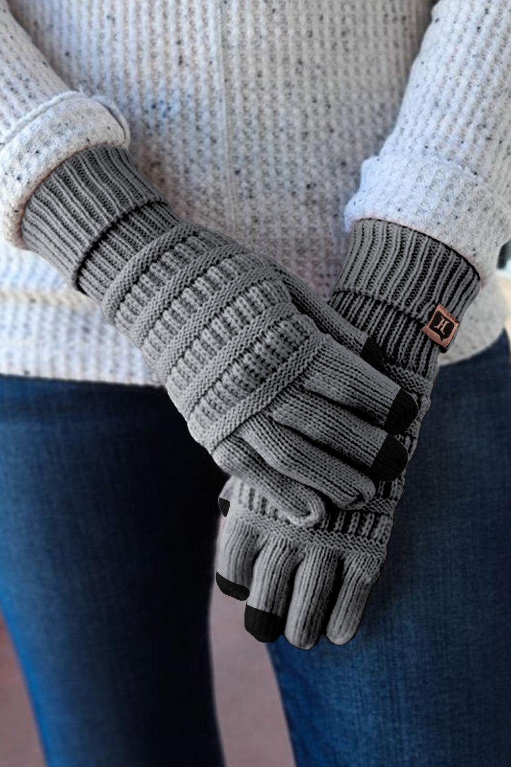 Suede Patch Knitted Winter Gloves
