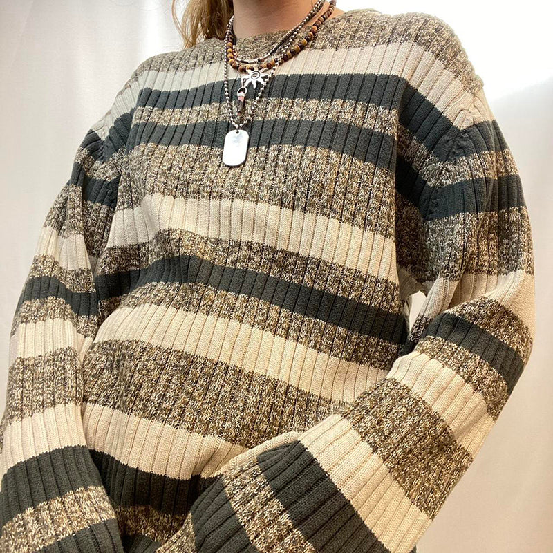 Vintage Contrast Stripe Crew Neck Sweater