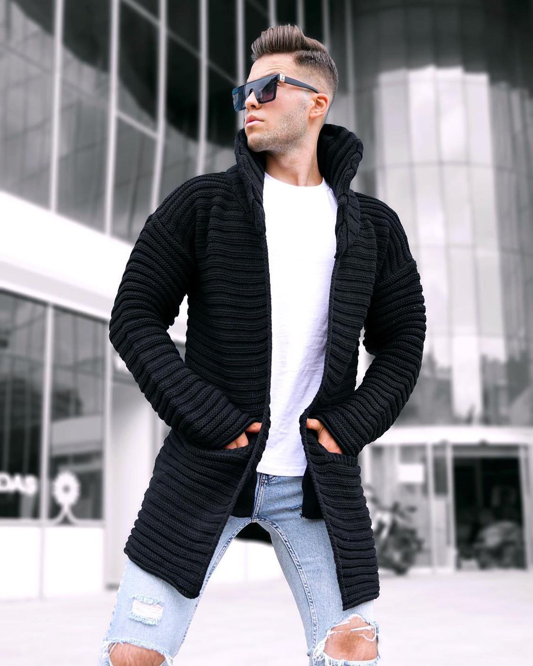 Knitted Sweater Ribbed Jacquard Solid Color Lapel Cardigan Windbreaker Sweater