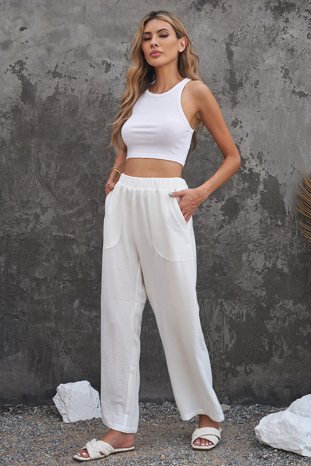 Elastic Waist Pocketed Wide Leg Pants