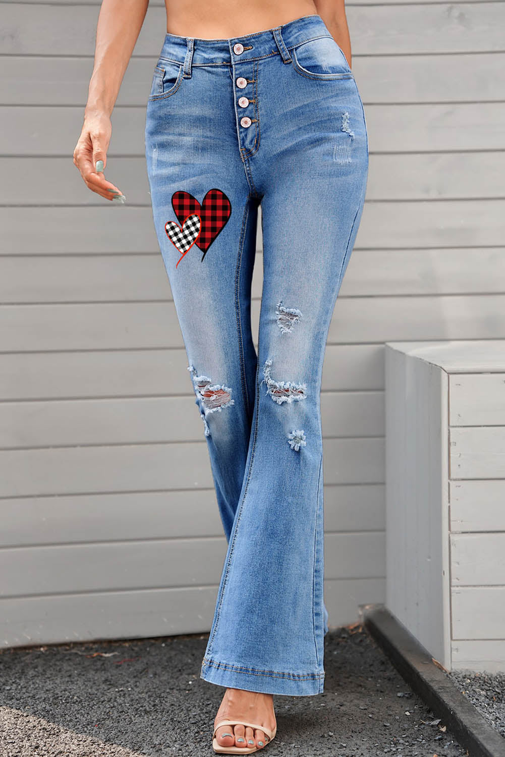 Dark Blue Mid Rise Button Front Flare Denim