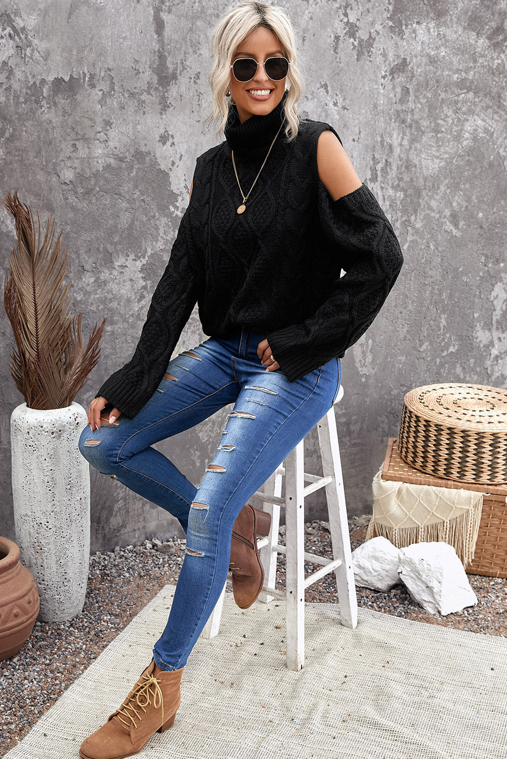 Turtleneck Cold Shoulder Textured Sweater