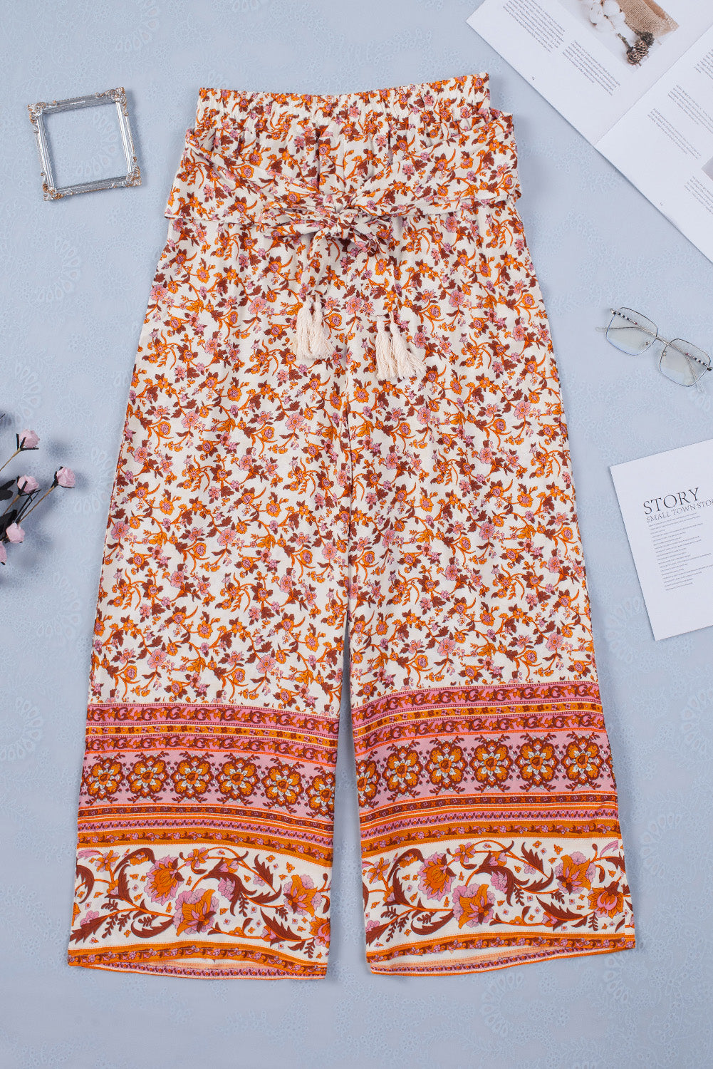 Boho Floral Print Wide Leg Pants