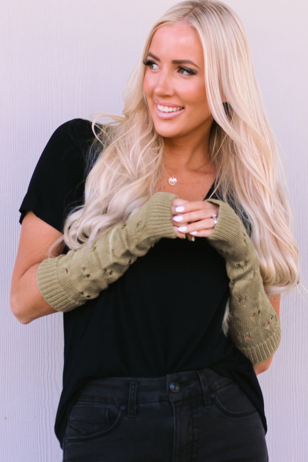 Khaki Hollow Out Heart Pattern Knitted Fingerless Gloves
