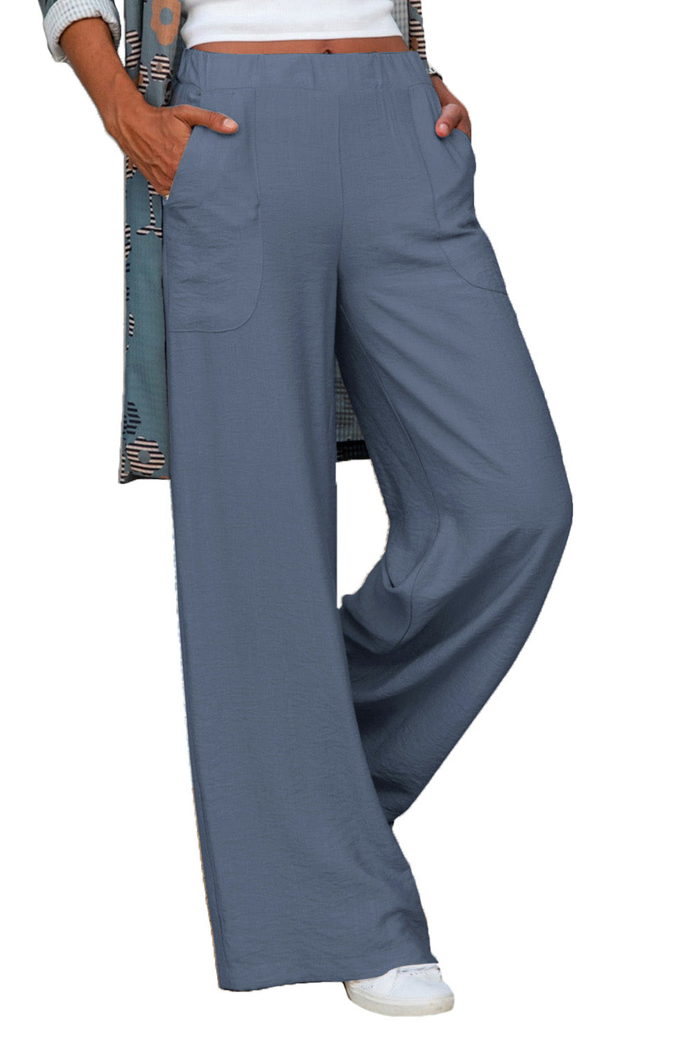 Elastic Waist Pocketed Wide Leg Pants