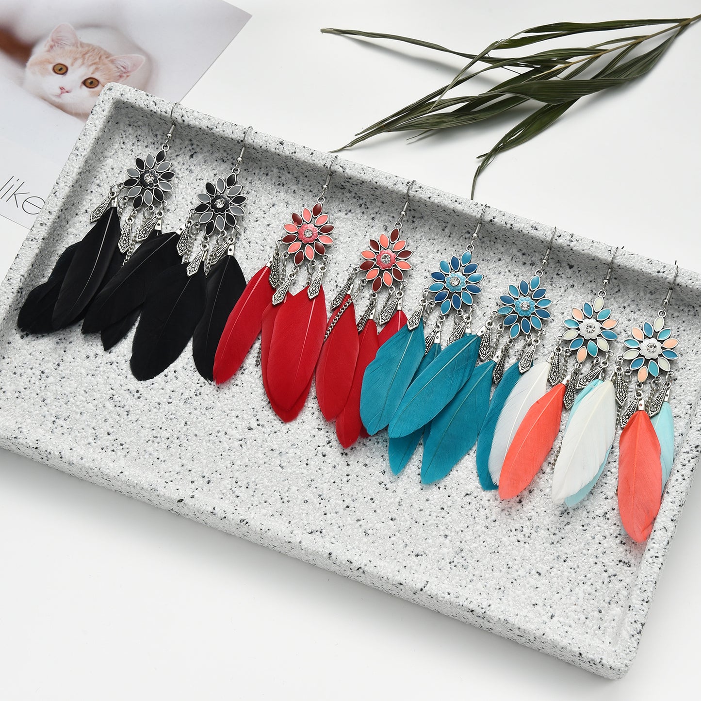 Unique Flower-shaped Earrings, Creative Ethnic Style Feather Earrings Jewelry