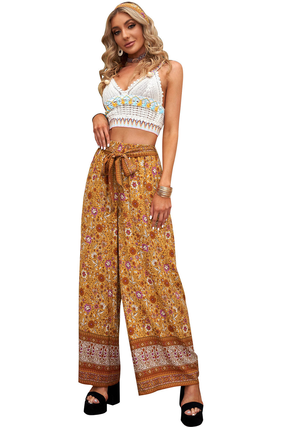 Boho Floral Print Wide Leg Casual Pants with Tie