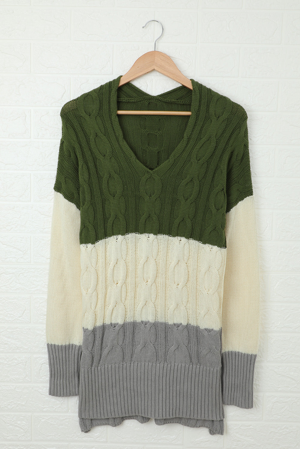 Colorblock Cable Knit Sweater with Slits