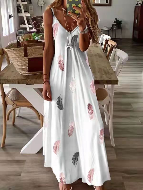 Sleeveless Slim-fit Feather Print Low-cut V-neck Strap Large Swing Dress