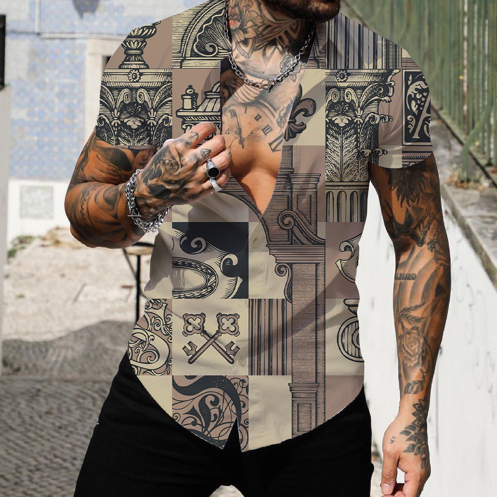 Men's 3D Digital Geometric Printed Short-sleeved Shirt