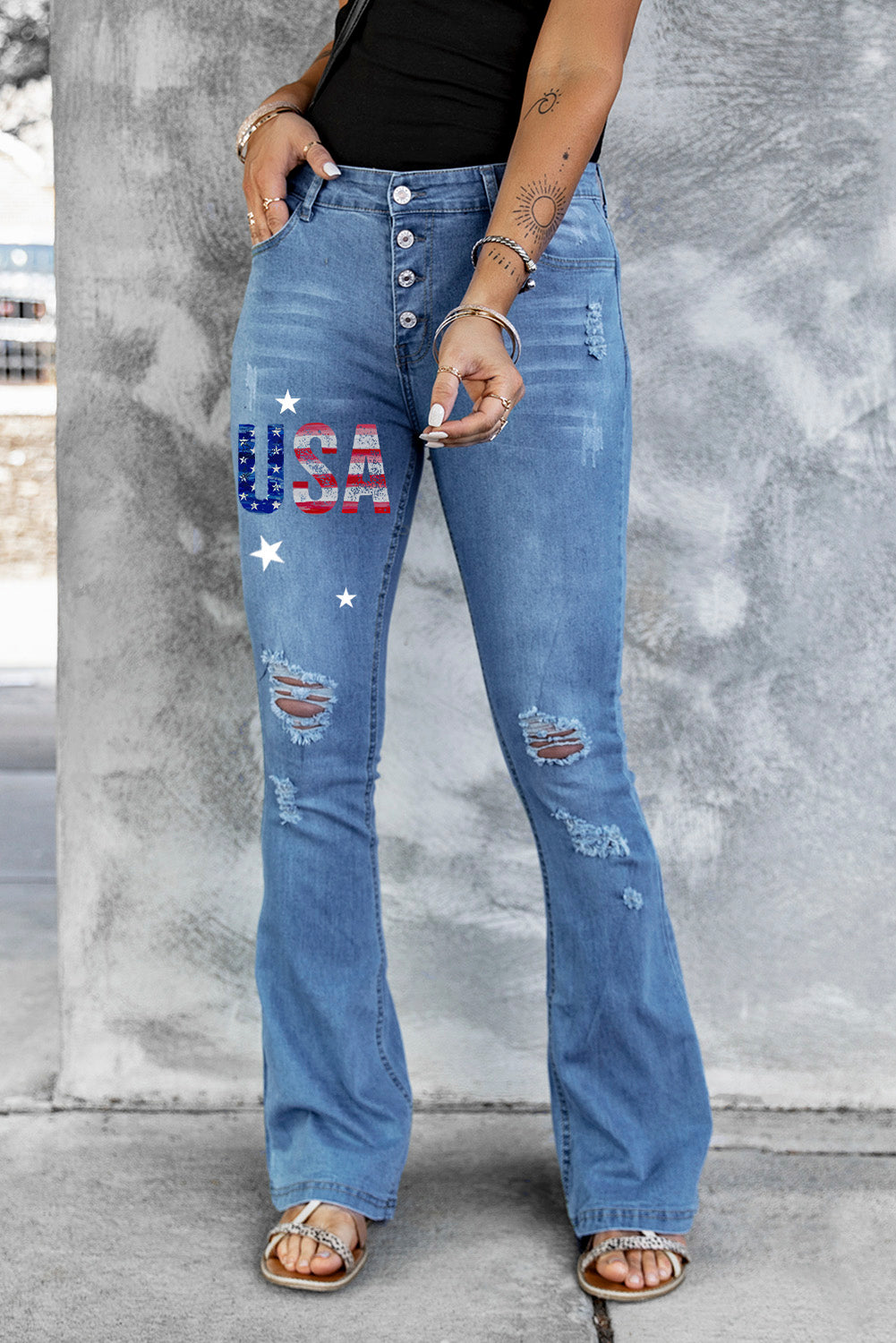 Dark Blue Mid Rise Button Front Flare Denim