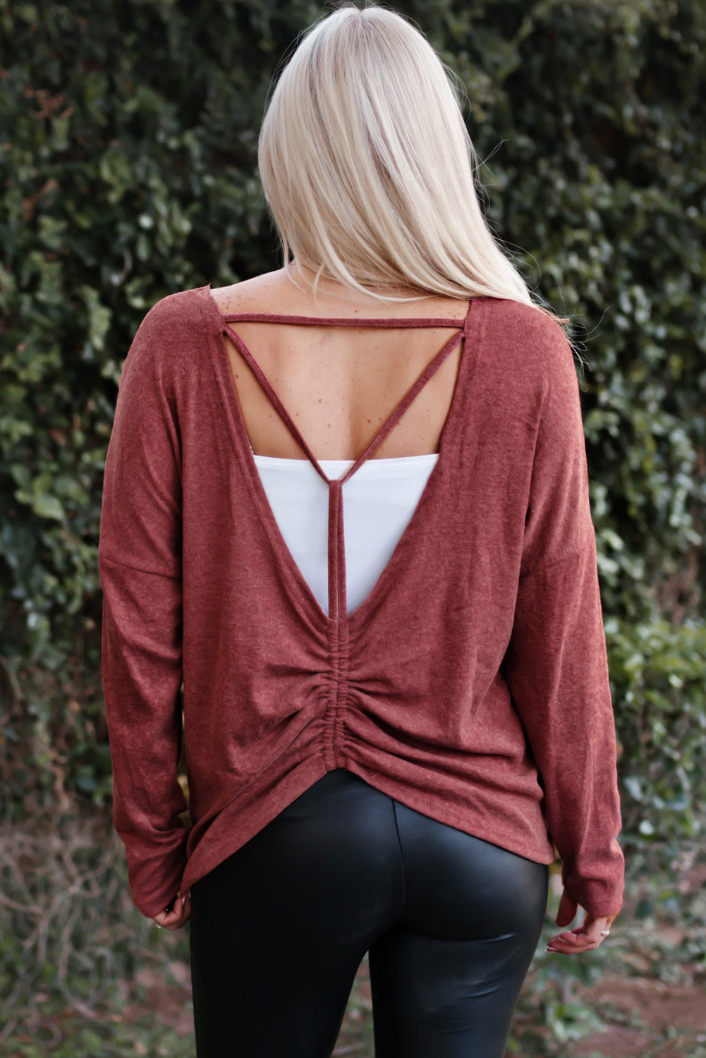 Hollow-out Ruched Back Long Sleeve Top