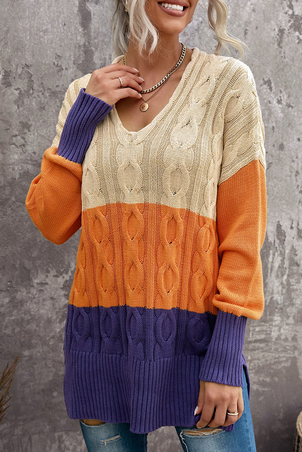 Colorblock Cable Knit Sweater with Slits