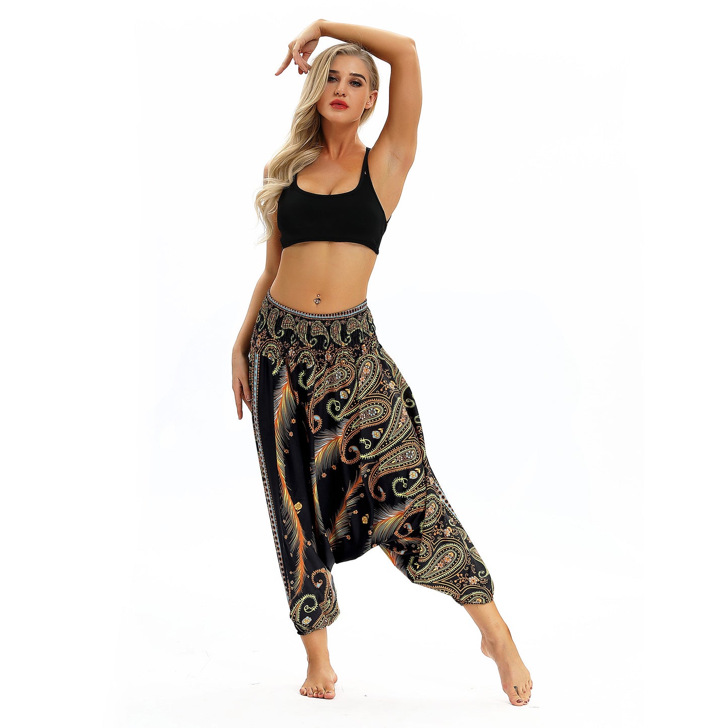 Peacock Feather Ethnic Dance Loose Crotch Ankle Banded Slacks