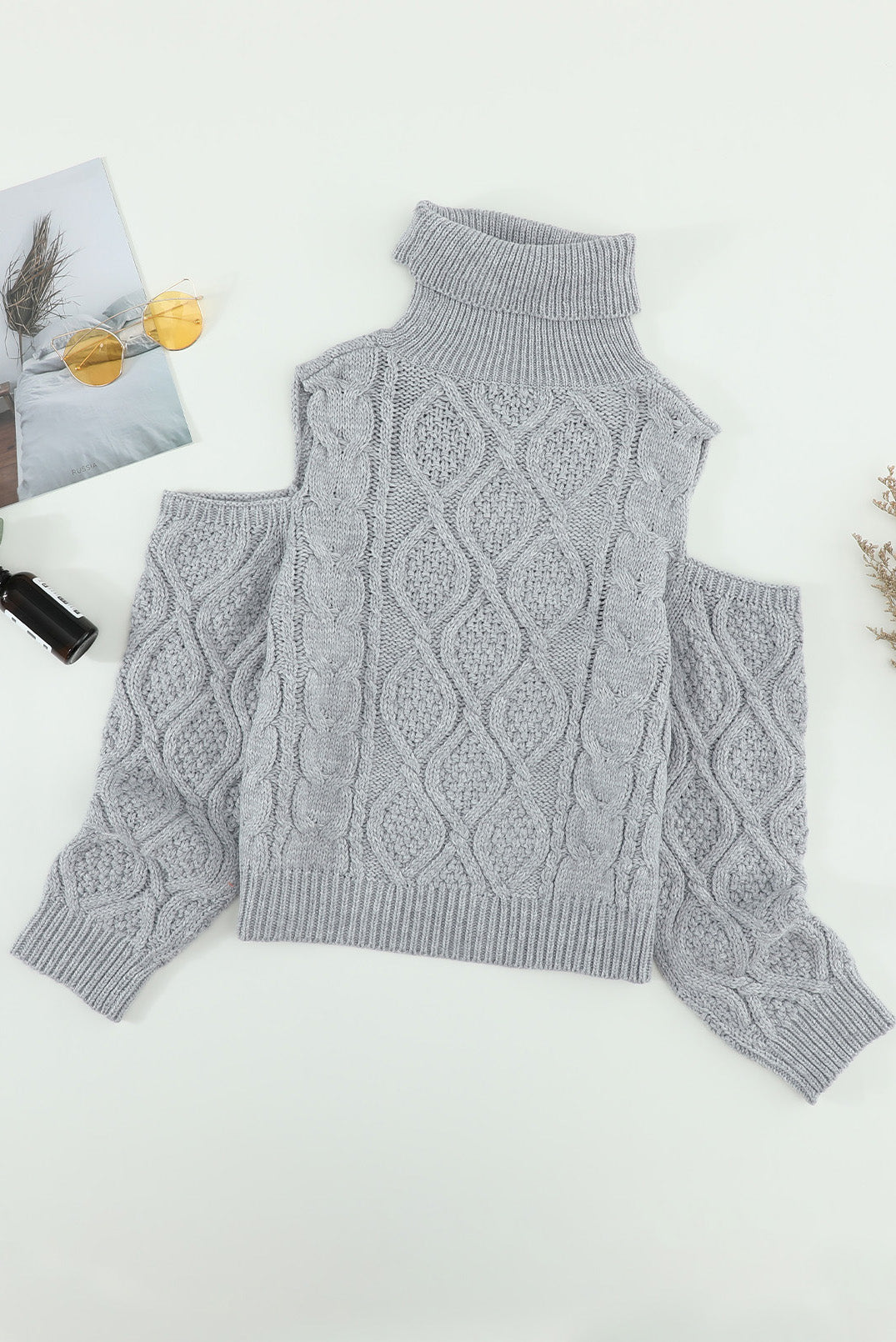 Turtleneck Cold Shoulder Textured Sweater