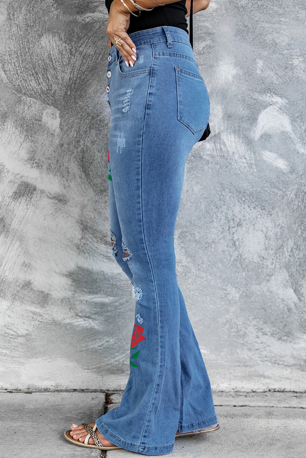 Dark Blue Mid Rise Button Front Flare Denim