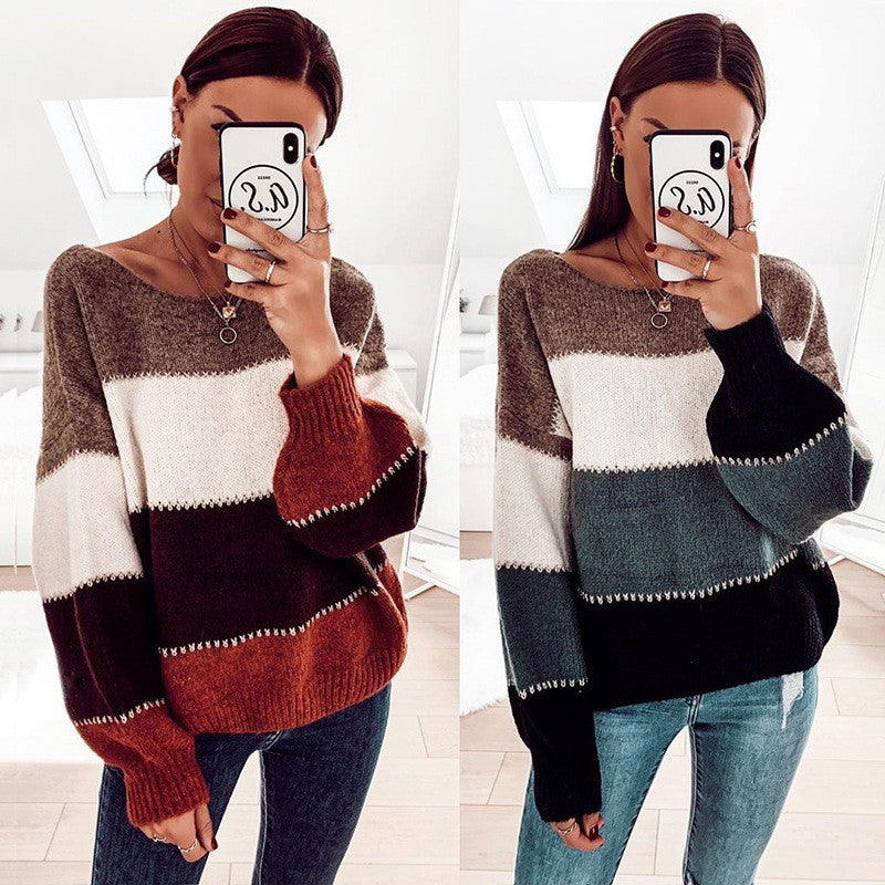 Knit Sweater Top Contrast Color Loose Bottoming Pullover