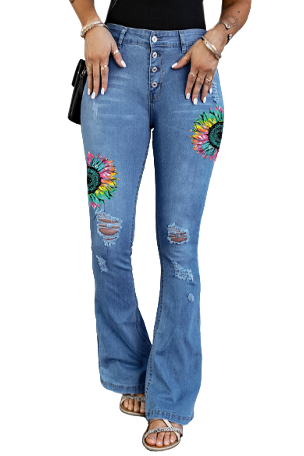 Dark Blue Mid Rise Button Front Flare Denim